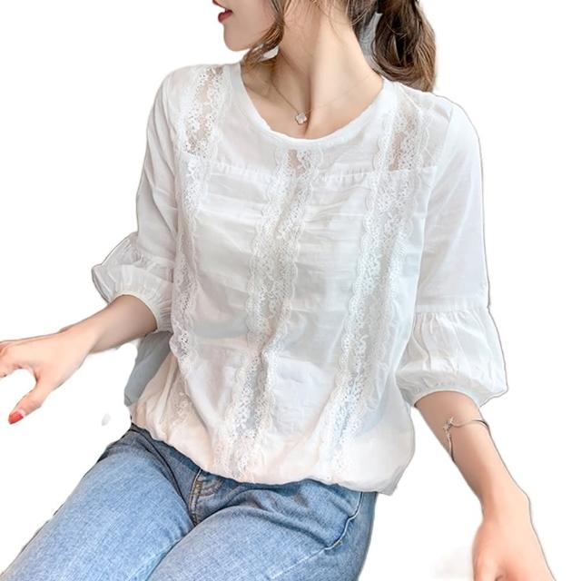 【CHACO】/現貨/女 春夏甜美蕾絲七分燈籠袖小個子白色上衣#982 偏小版(蕾絲 白色上衣 娃娃衫 小個子)