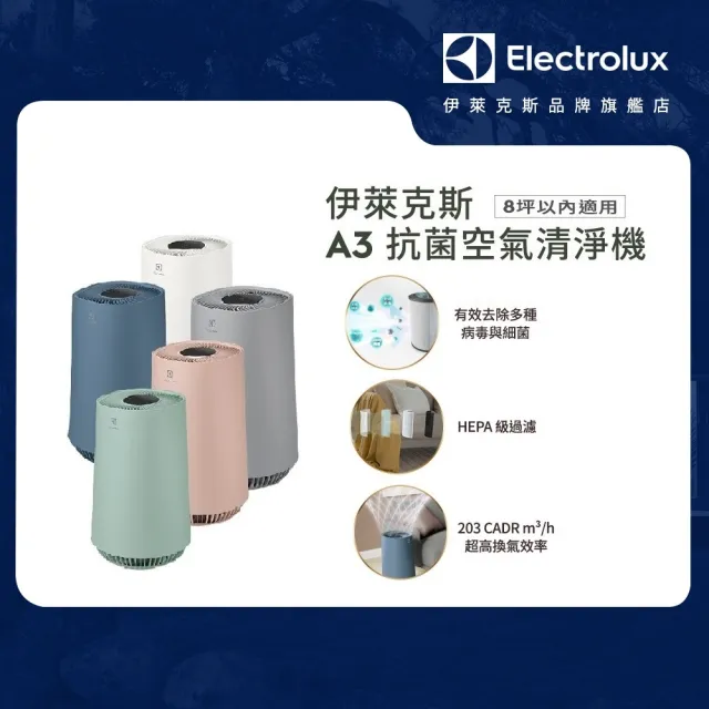 【Electrolux 伊萊克斯】A3抗菌空氣清淨機 FA31-202WT 202BL 202GN 202PK 202GY(8坪適用/5色任選)