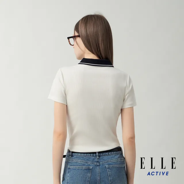 【ELLE ACTIVE】女款 撞色翻領直紋短袖POLO衫-白色(EA26S1W1105-90)