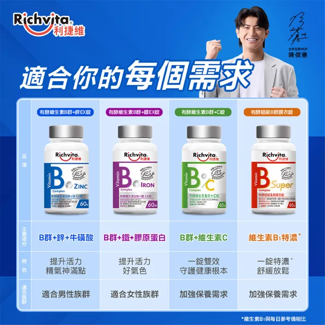 【利捷維】有酵維生素B群3入共180錠限量組 陳傑憲代言(任選 B+鋅EX、B+鐵EX、B+C、超級B群)