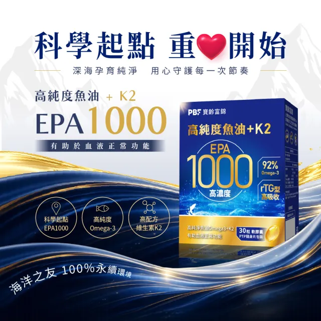 【寶齡富錦】EPA 1000 高純度魚油+K2 5入組(30顆1入/Omega-3/維生素K2)