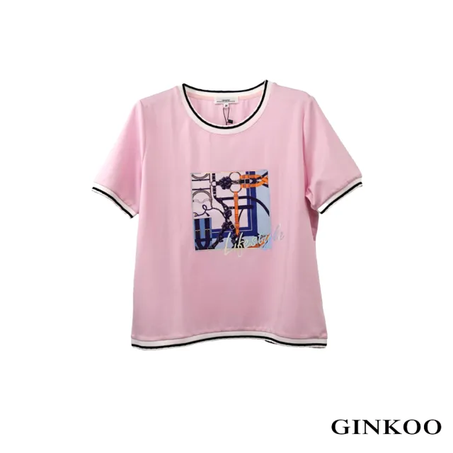 【GINKOO 俊克】圖騰印花配色螺紋上衣