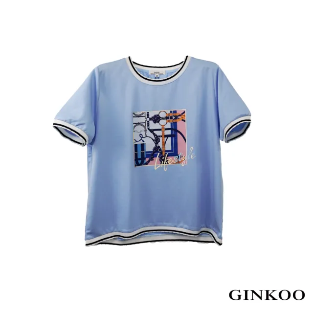 【GINKOO 俊克】圖騰印花配色螺紋上衣