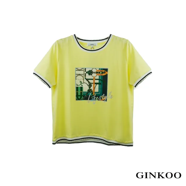 【GINKOO 俊克】圖騰印花配色螺紋上衣