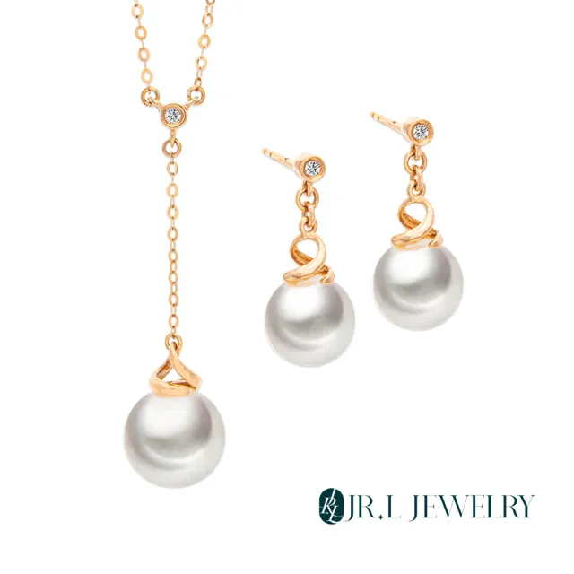 【JR.L JEWELRY】天然珍珠 淡月柔光18K金天然鑽石珍珠套組(耳環8-8.5/項鍊8.5-9MM)