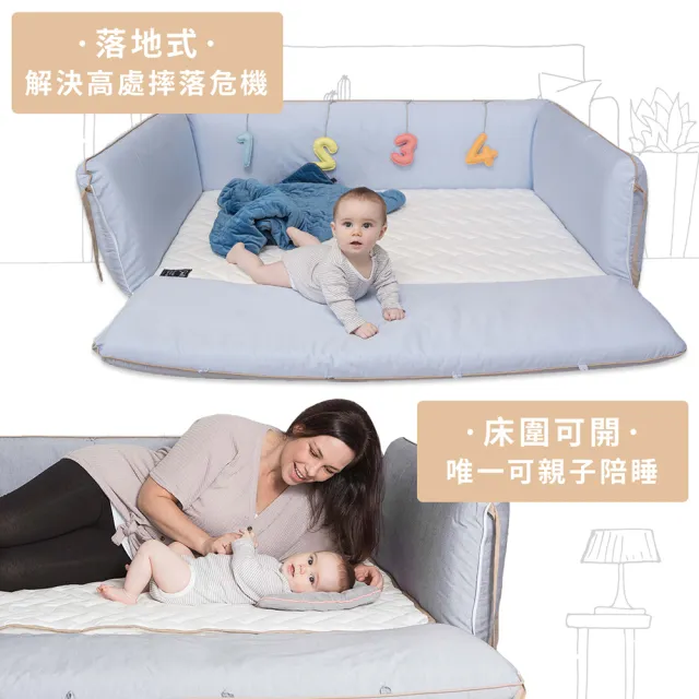 【gunite】多功能第三代落地式沙發嬰兒陪睡床0-6歲 四件組 床墊+床圍+止滑墊+床邊吊飾(北歐灰)