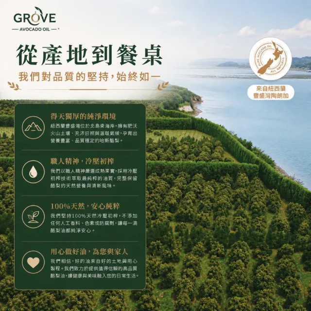 【GROVE 克羅福】紐西蘭第一品牌 Avocado Oil 頂級冷壓初榨酪梨油 500mlx4瓶 加贈250ml+噴油罐雙11