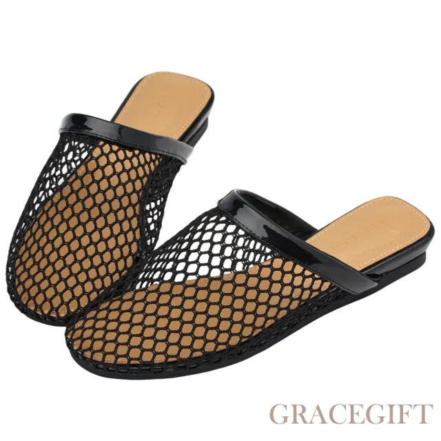 【Grace Gift】時髦漁網透感平底穆勒拖鞋 (黑)