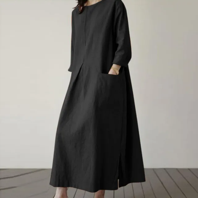 【巴黎精品】現貨限搶 女連身裙亞麻棉麻洋裝大尺碼寬鬆長裙A字裙休閒女裝(長袖太陽裙女裙子3款b1a26)