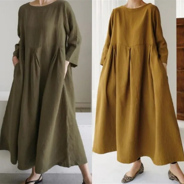 【巴黎精品】雙11現貨限搶 女連身裙亞麻棉麻洋裝大尺碼寬鬆長裙A字裙休閒女裝(長袖太陽裙女裙子3款b1a26)