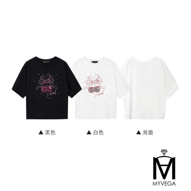 【MYVEGA 麥雪爾】MA嫘縈櫻桃亮鑽蝴蝶結落肩上衣-共二色(女上衣/短袖上衣/彈力T)