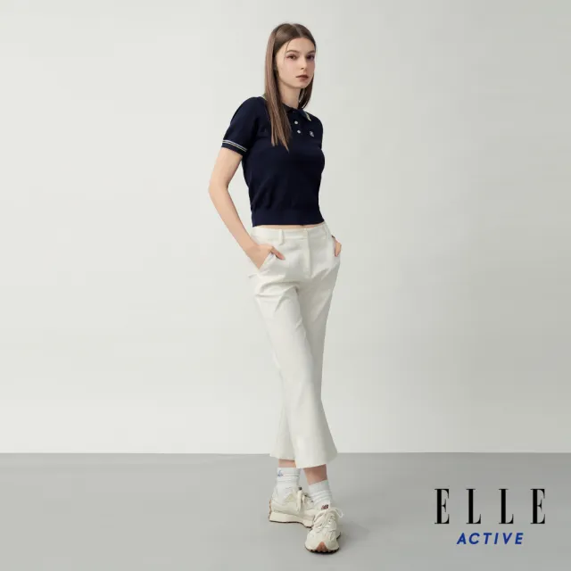【ELLE ACTIVE】女款 撞色領口翻領短袖針織上衣-深藍色(EA26S4W5105-39)