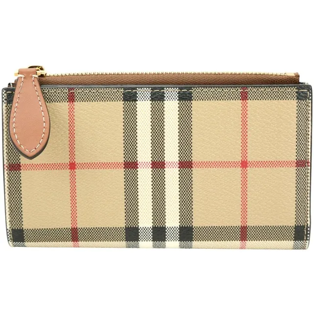 【BURBERRY 巴寶莉】格紋塗層小牛皮釦式對折中夾(典藏米X石楠棕)