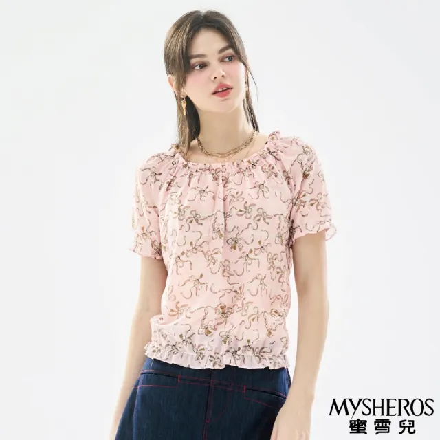 【MYSHEROS 蜜雪兒】絲棉花邊鬆緊邊飾短袖上衣 甜美滿版蝴蝶結印花擺(粉)