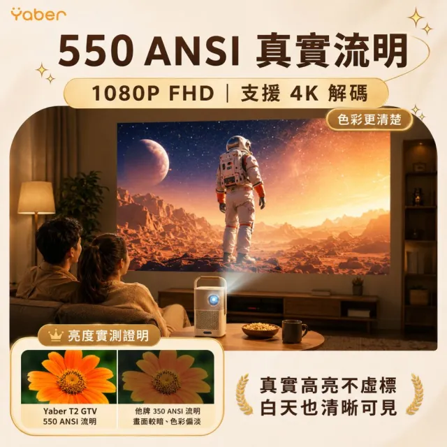【YABER】T2 GTV 行動電影院 金沙投影機(1080P 550流明 GoogleTV JBL 露營投影)