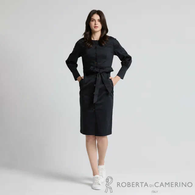 【ROBERTA 諾貝達】經典黑落肩收腰排釦連身裙 DBJ61-99
