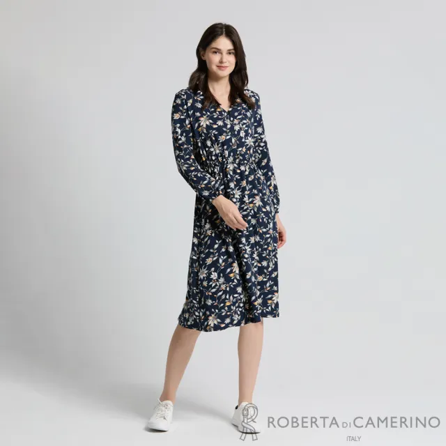【ROBERTA 諾貝達】深藍V領單排金屬釦高腰縮褶印花連身裙 DBJ58-38