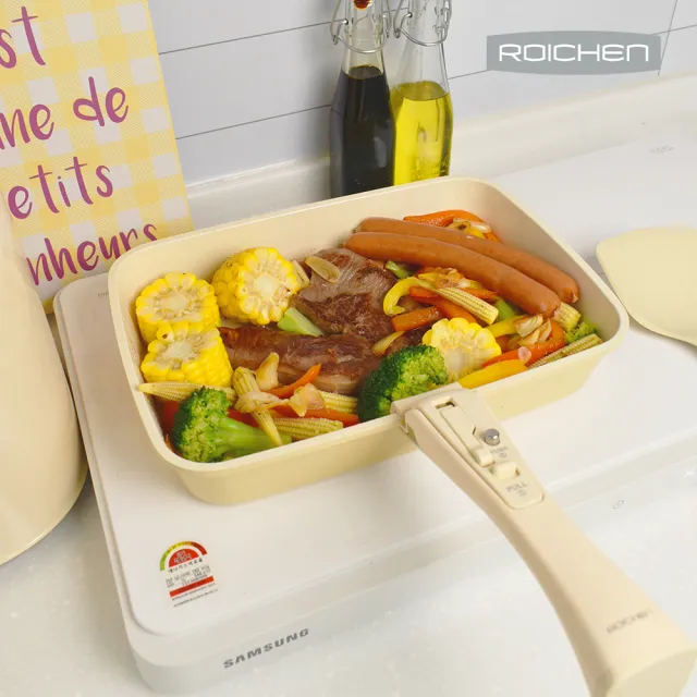 【Roichen】韓國製 29cm方型煎烤鍋+可拆把手(IH爐 全火源適用 露營 輕量鍋陶瓷塗層不沾鍋)