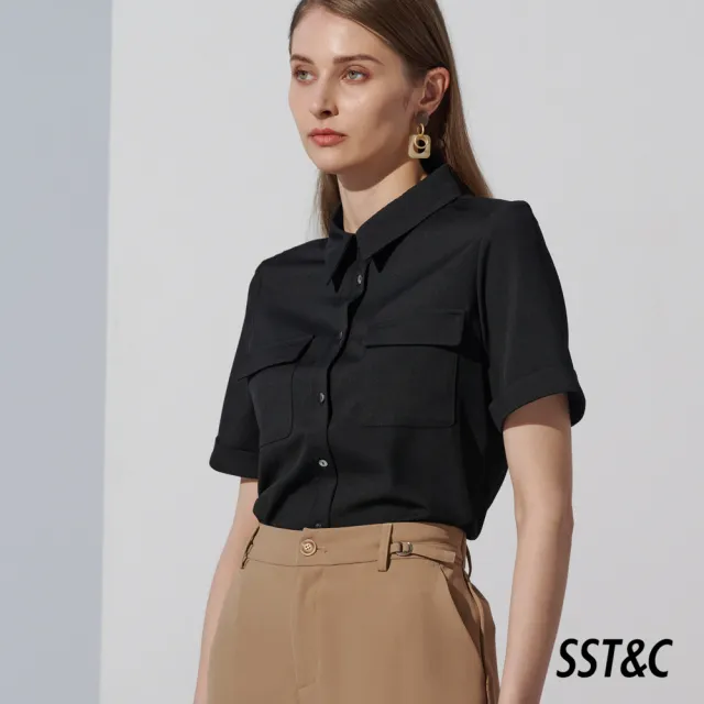 【SST&C】女裝 黑色口袋反折短袖襯衫7662303002(換季55折)
