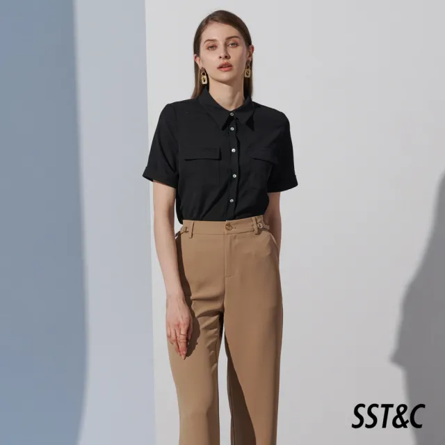 【SST&C】女裝 黑色口袋反折短袖襯衫7662303002(換季55折)