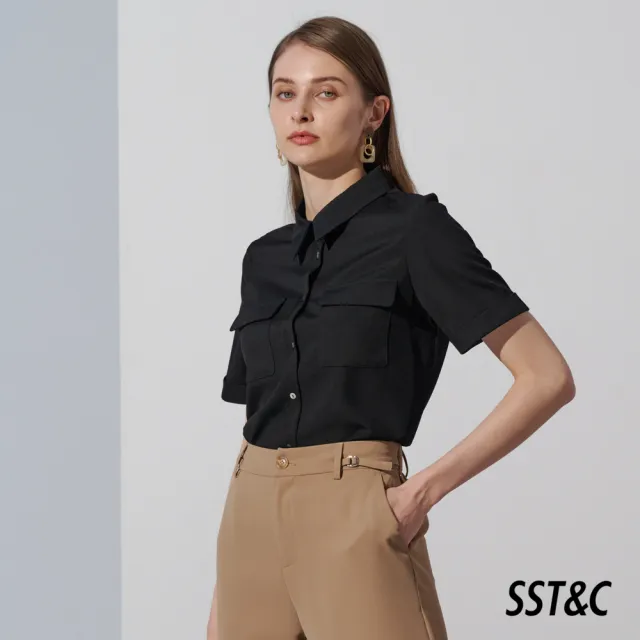 【SST&C】女裝 黑色口袋反折短袖襯衫7662303002(換季55折)