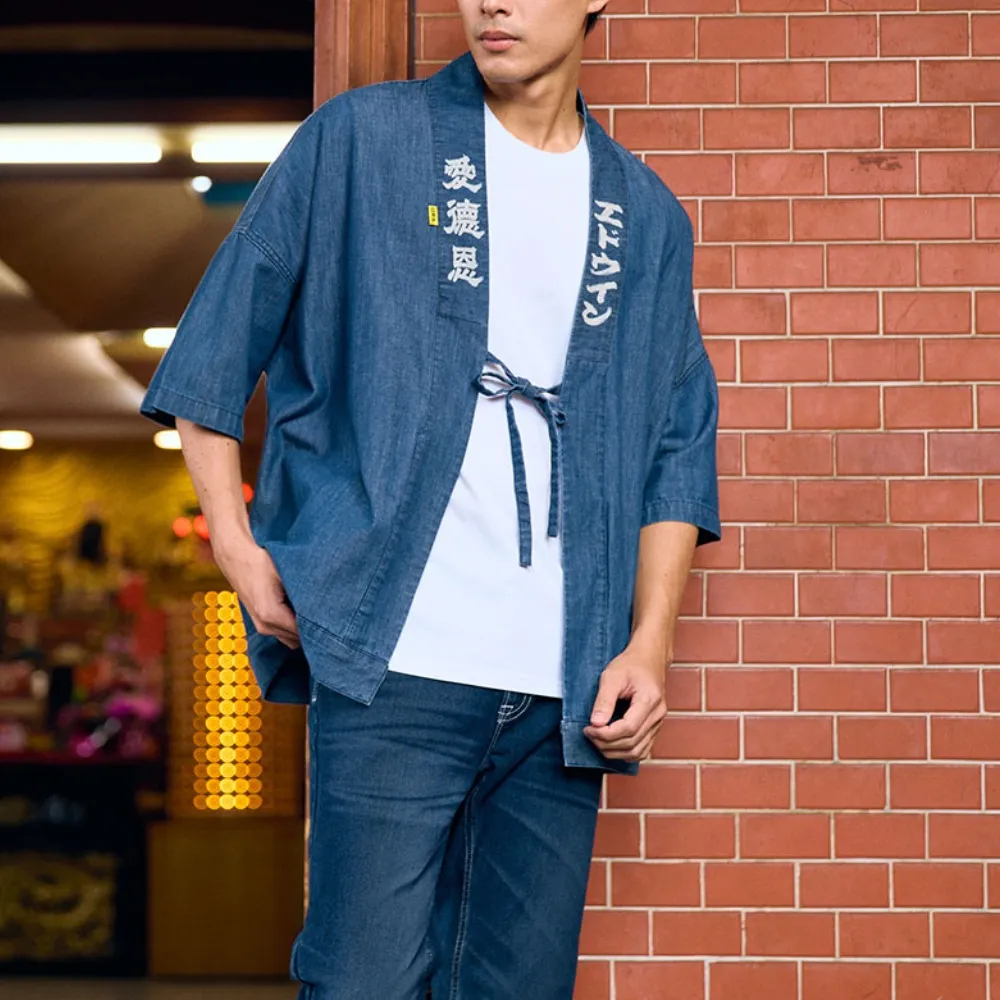 【EDWIN】男裝 白沙屯牛仔短袖法被(拔洗藍)