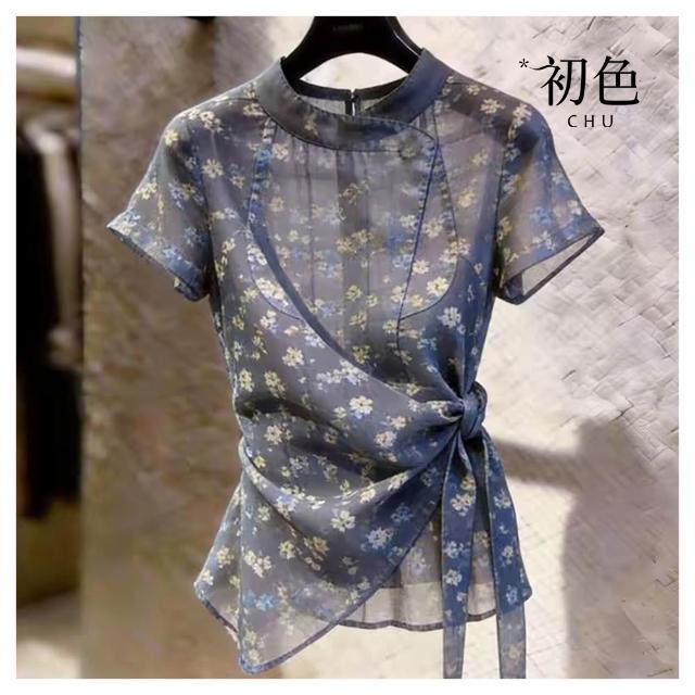 【初色】法式純色圓領碎花綁帶不規則下擺短袖上衣女上衣-灰色-52265(M-XL可選)