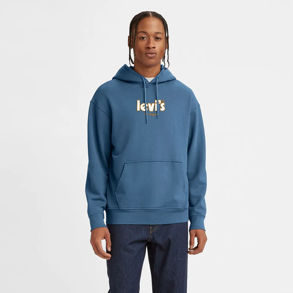 【LEVIS】男 寬鬆版重磅口袋帽T/精工刺繡徽章海報體Logo/400GSM厚棉 海洋藍 熱賣單品 38479-0158