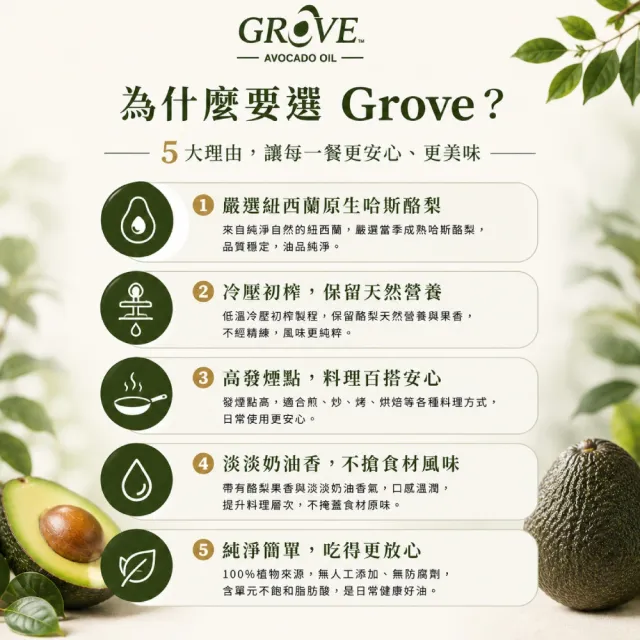 【GROVE 克羅福】紐西蘭第一品牌Avocado Oil原味酪梨油 頂級冷壓初榨酪梨油 250ml*3瓶 雙11推薦