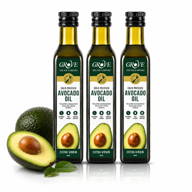 【GROVE 克羅福】紐西蘭第一品牌 Avocado Oil 原味酪梨油 頂級冷壓初榨酪梨油 250ml*3瓶(家庭共享健康油)