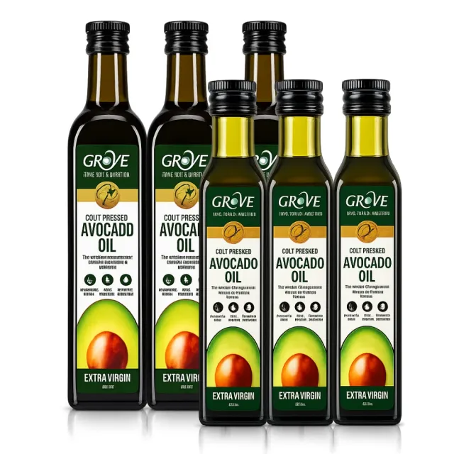 【GROVE 克羅福】紐西蘭第一品牌 頂級冷壓初榨酪梨油 原味 Avocado Oil 250ml*3瓶 + 500ml*3瓶