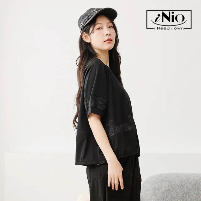【iNio 衣著美學】材質拼接抽繩縮口短袖上衣 女短袖上衣 異材質拼接 抽繩縮口 圓領棉T  CHW1082