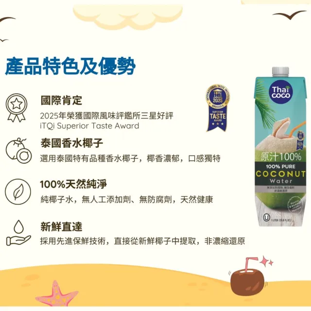 泰國第一品牌 THAI COCO 100％純天然椰子水 1Lx12瓶/箱