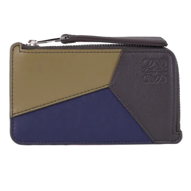 【LOEWE 羅威】PUZZLE  經典烙印LOGO撞色拼接信用卡證件零錢包(綠藍)