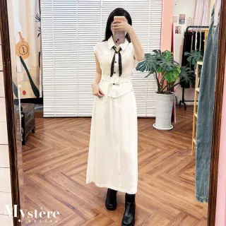 【my stere 我的時尚秘境】領巾束腰兩件式長裙套裝 白色 白色套裝 棉麻套裝 兩件式套裝 襯衫套裝