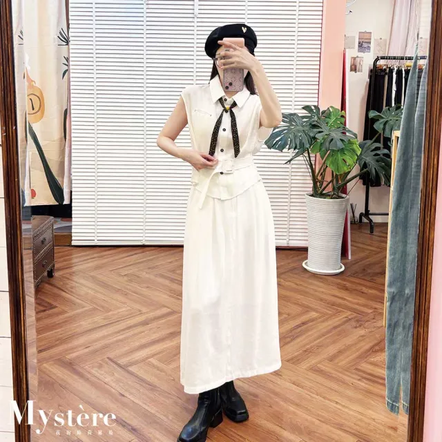 【my stere 我的時尚秘境】領巾束腰兩件式長裙套裝 白色 白色套裝 棉麻套裝 兩件式套裝 襯衫套裝