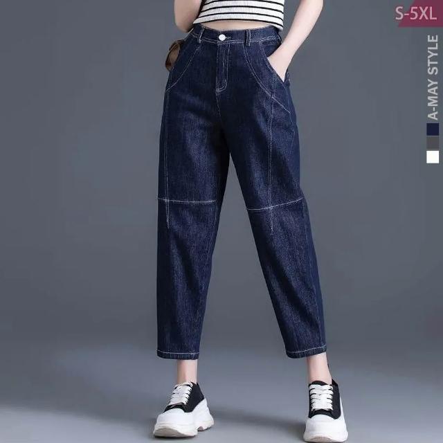 【Amay Style 艾美時尚】夏新品 中大尺碼女裝 男友褲 休閒丹寧拼接九分牛仔褲顯瘦哈倫褲。S-5XL(3色.預購)