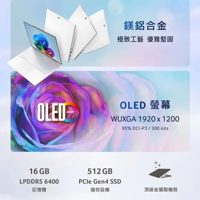 【Acer 宏碁】16吋Ryzen AI 5輕薄OLED AI 筆電-月銀白(Swift Air/SFA16-61M-R3W0/R5-330/16G/512G/W11)