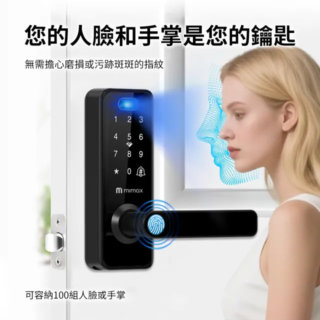 【mimax 米覓】人臉/掌靜脈辨識智慧門鎖 房門專用(免開孔 遠程解鎖 可自行安裝 智慧門鎖 電子鎖)