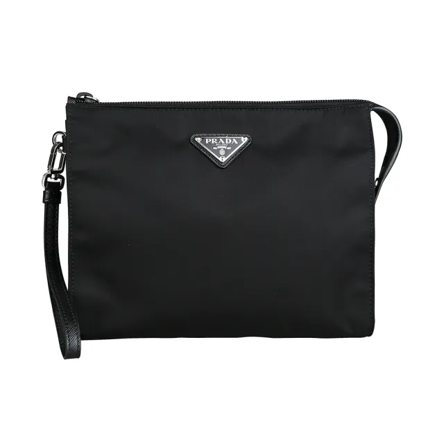【PRADA 普拉達】PRADA 經典三角鐵牌LOGO尼龍可拆式腕帶拉鍊手拿包(黑)