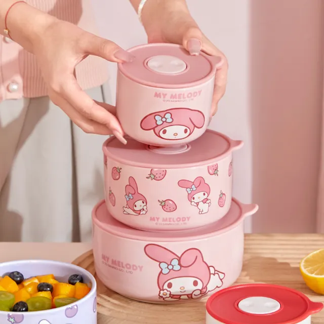 【SANRIO 三麗鷗】美樂蒂大耳狗凱蒂貓陶瓷帶蓋密封保鮮碗(大款 可微波)