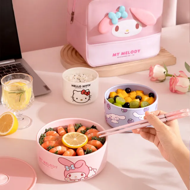 【SANRIO 三麗鷗】美樂蒂大耳狗凱蒂貓陶瓷帶蓋密封保鮮碗(大款 可微波)