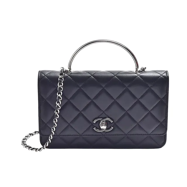 【CHANEL 香奈兒】經典黑銀雙C LOGO菱格紋牛皮手提肩背/斜背包(黑色)