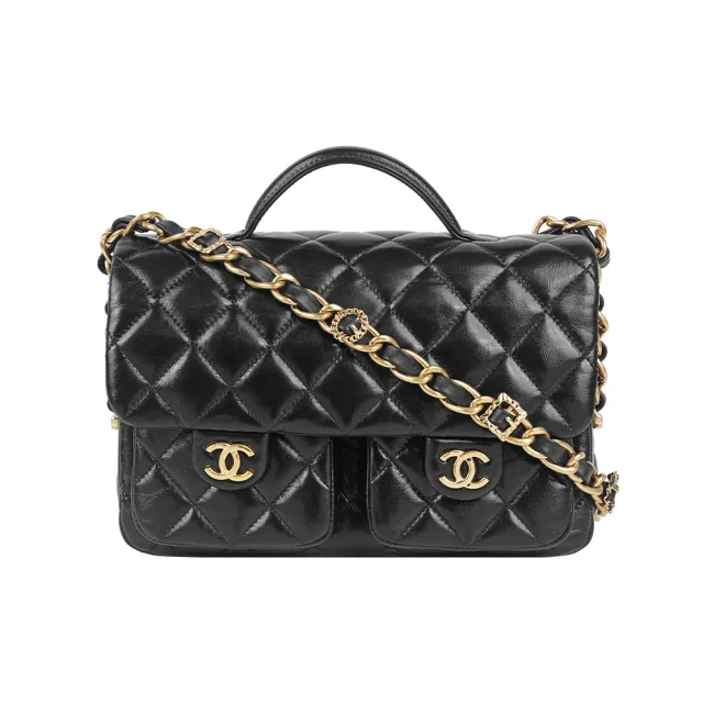 【CHANEL 香奈兒】CC Logo 雙口袋翻蓋手提/斜背二用郵差包_展示品(黑色)