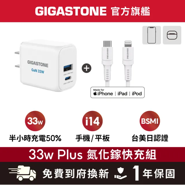 【Gigastone 立達國際】33W 兩孔GaN氮化鎵充電器+C to Lightning MFi充電線(支援iPhone14以下蘋果充電頭組)