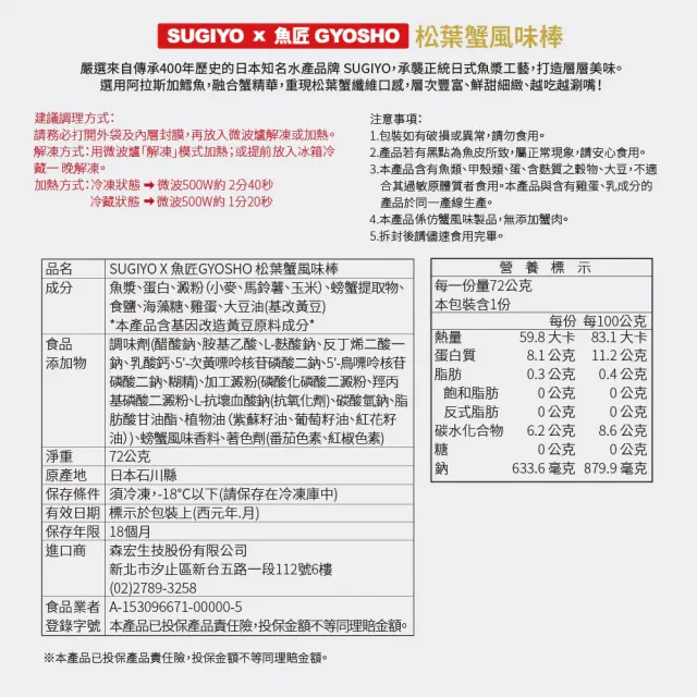 【LOVITA 愛維他】SUGIYO x 魚匠GYOSHO 松葉蟹風味棒72g*12包組(黑貓冷凍宅配)