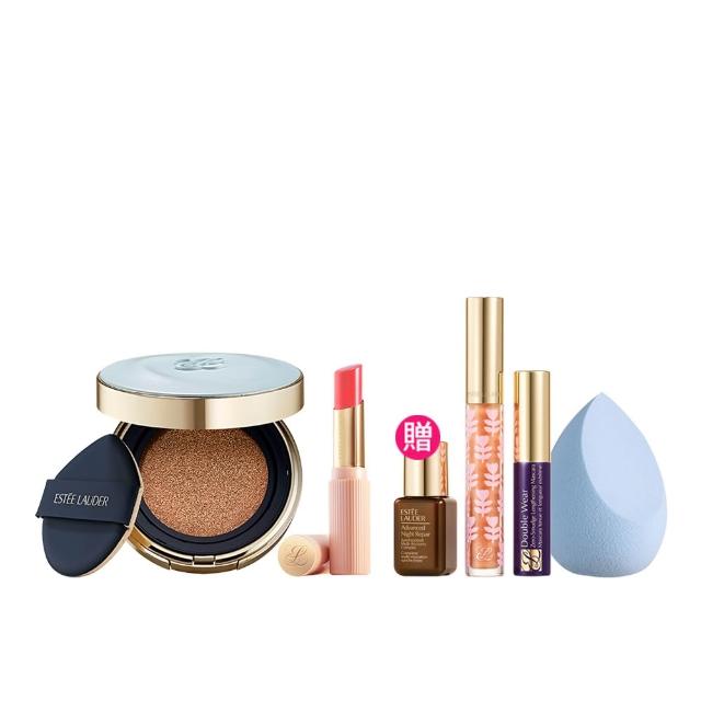 【Estee Lauder 雅詩蘭黛】粉持久氣墊水啵啵潤唇膏組(完美鎖妝氣墊粉餅+水啵啵琉璃潤唇膏/IU同款/底妝)