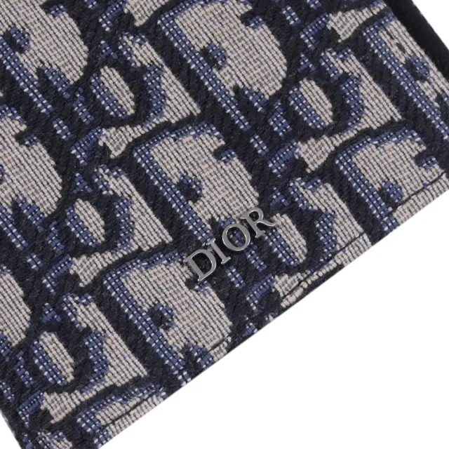 【Dior 迪奧】Christian Dior Oblique 品牌緹花款對折零錢短夾(深藍)