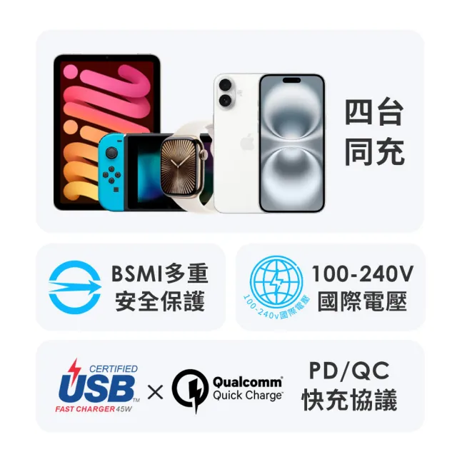 【YOMIX 優迷】65W氮化鎵四合一手錶自帶線快充充電器(Type-C/USB/Apple Watch/筆電快充/豆腐頭/充電頭)