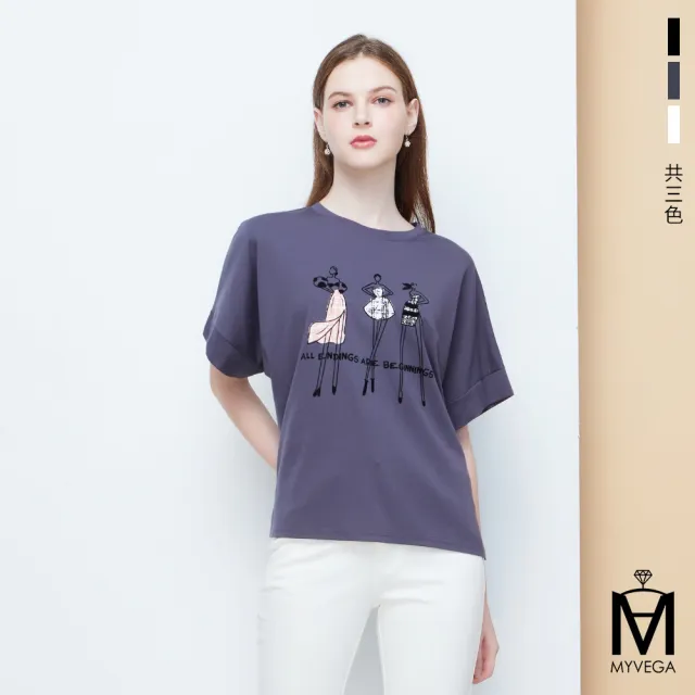 【MYVEGA 麥雪爾】MA涼爽小香風植絨女伶印花落肩蝙蝠袖寬鬆上衣-共三色(日系/女上衣/涼感/短袖)